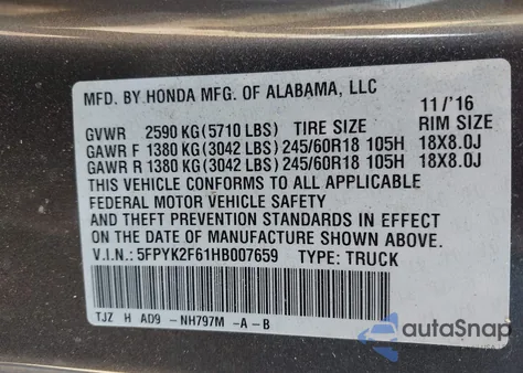 2017 Honda Ridgeline Rtl-T z USA, uszkodzony, nr VIN 5FPYK2F61HB007659